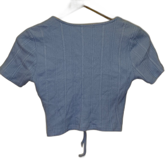 Zara Light Blue Ribbed V-Neck Short Sleeve Crop Top with Front Tie Detail Size L - Picture 3 of 8